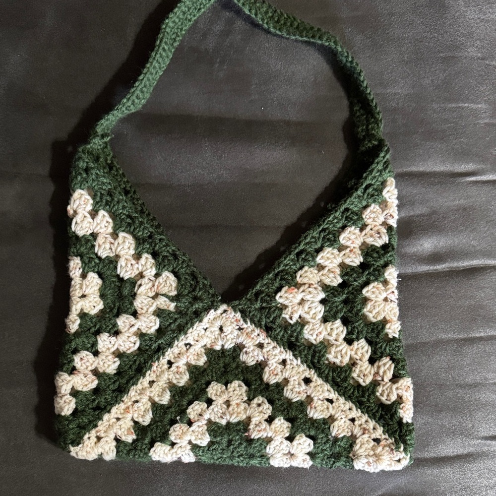 Handcrafted Green and Cream Crochet Bag